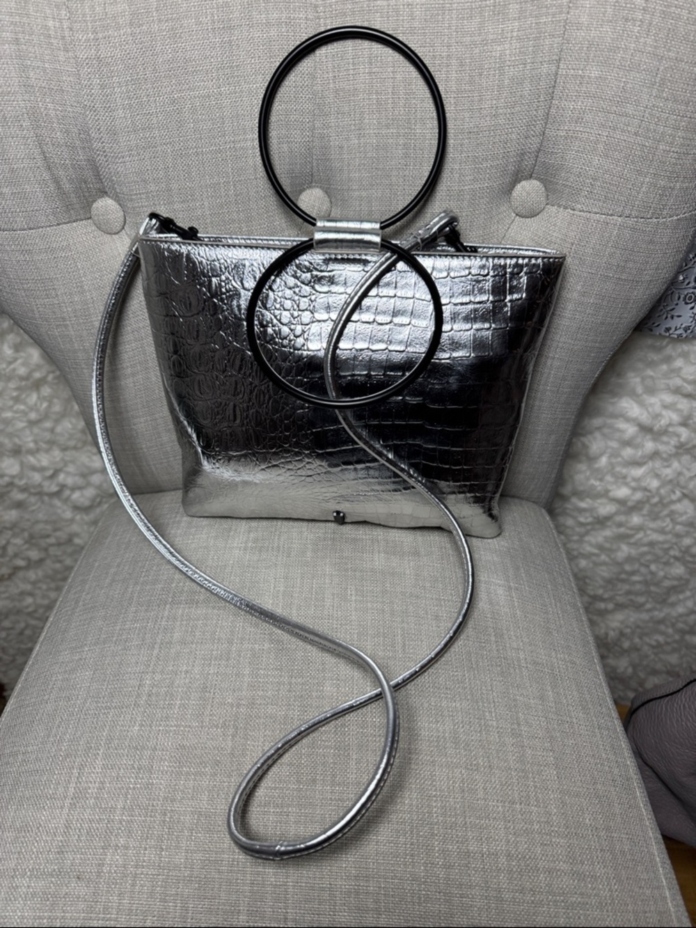 THACKER NEW YORK Metallic Silver Croc-Embossed Ring Handle Crossbody Bag